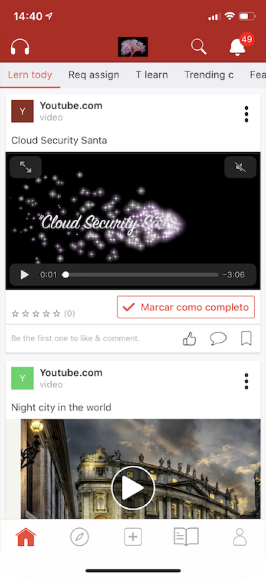 Learning feed with video cards, star ratings and a mark-as-complete action