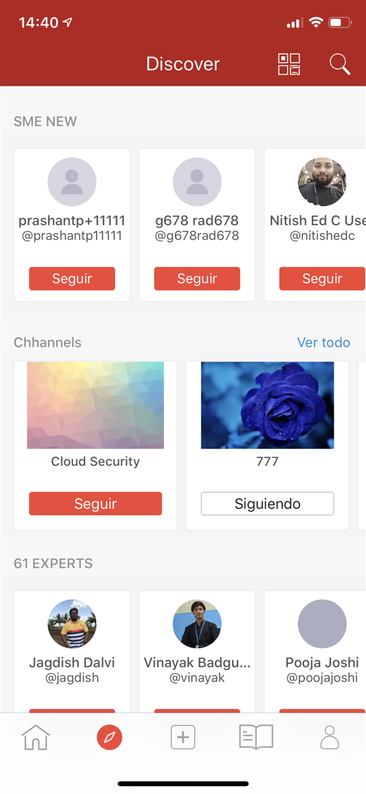 Discover tab with people to follow, channels and internal experts