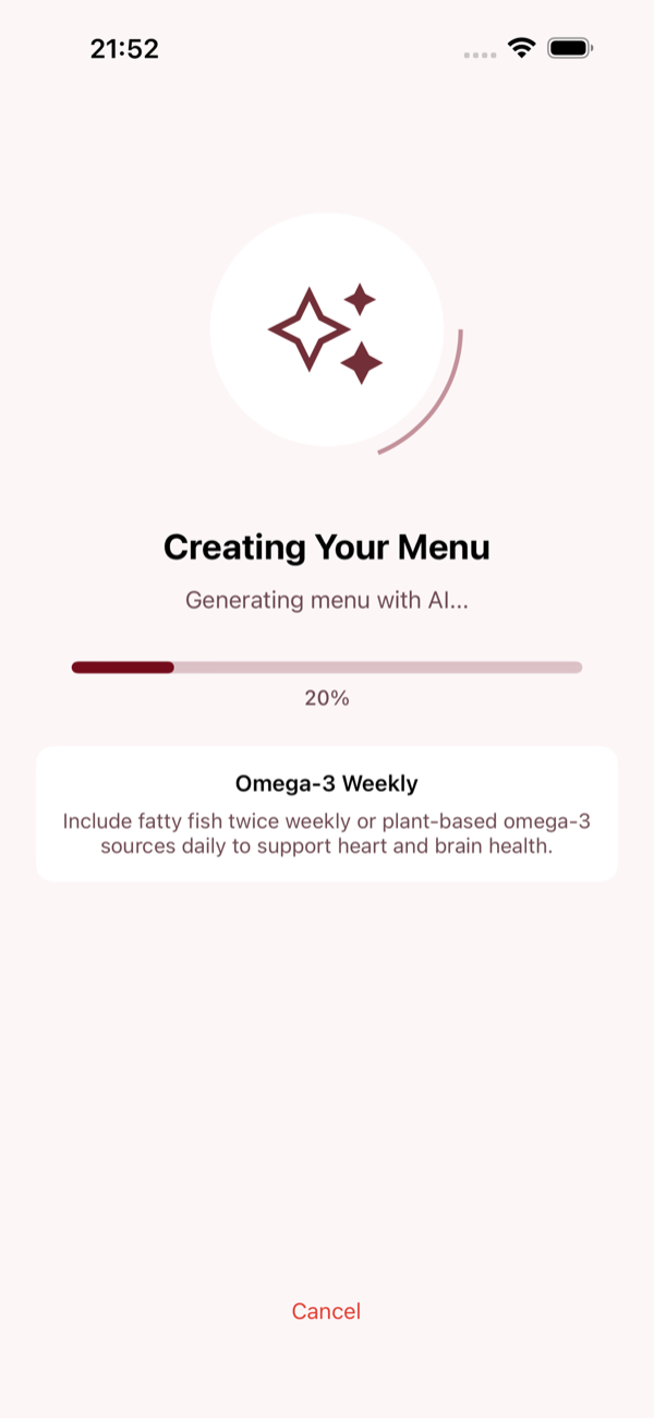 MyFooderPlan on a phone, generating a menu with AI