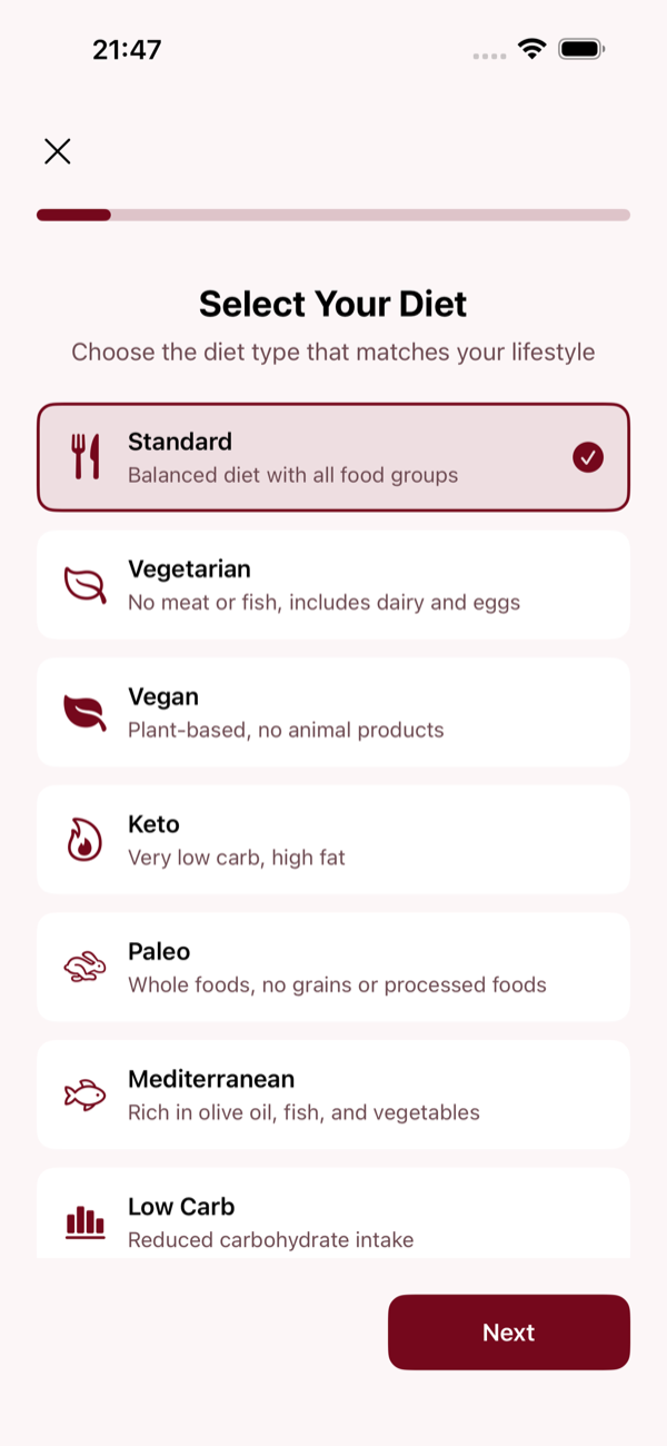 Diet picker with standard, vegetarian, vegan, keto, paleo, mediterranean and low carb