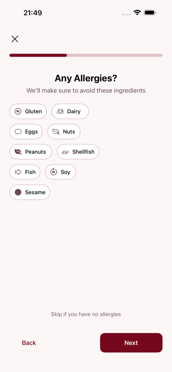 Allergy step, with gluten, dairy, eggs, nuts, peanuts, shellfish, fish, soy and sesame