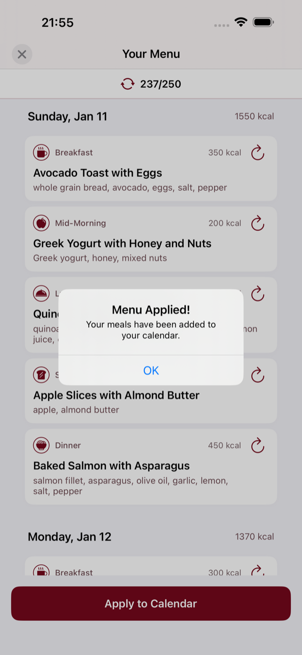 Generated menu with calories per day and per meal, just applied to the calendar
