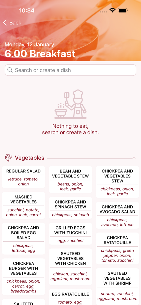 Meal editor, searching the dish catalogue by ingredient