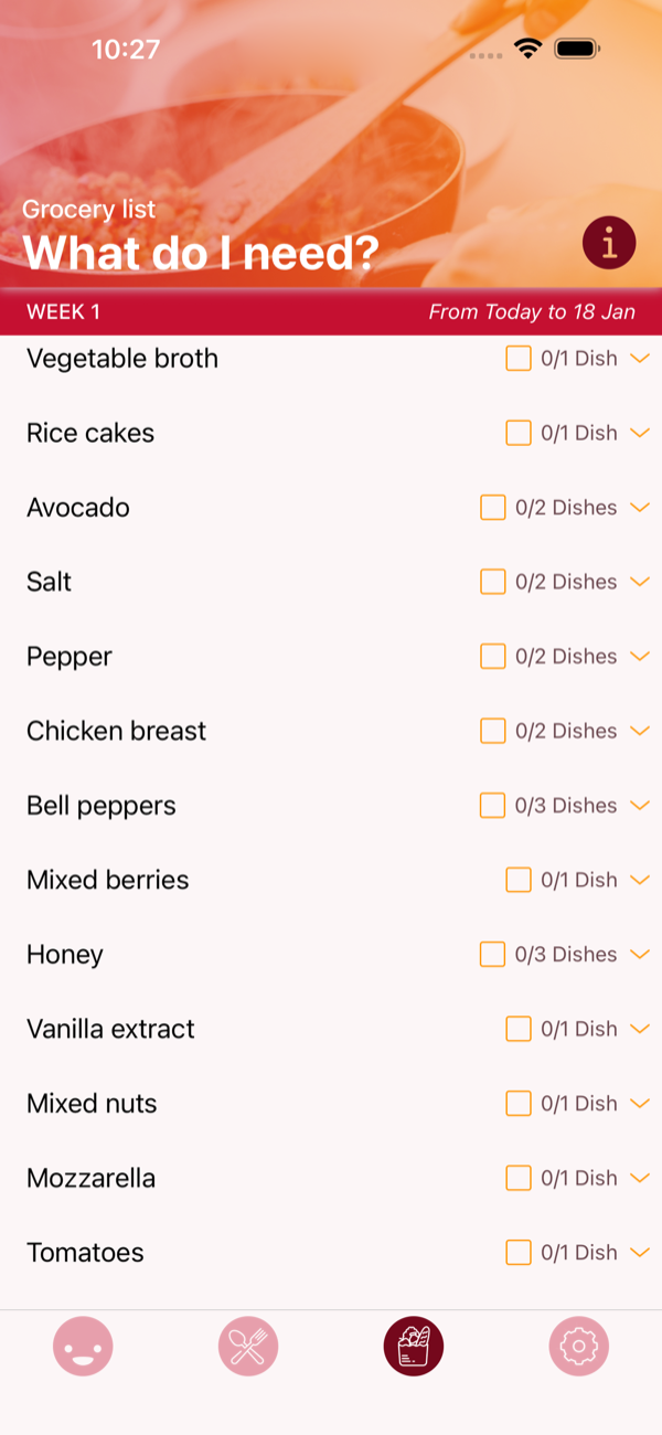 Grocery list for the week, with each item counted by the dishes that need it