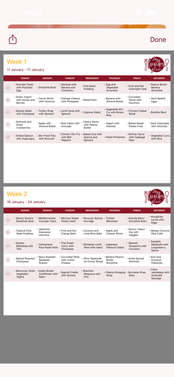 The menu as a printable table, week by week
