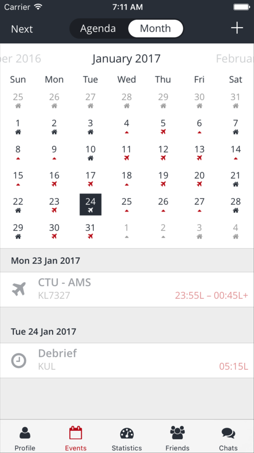 Month calendar with flights, duties and days off