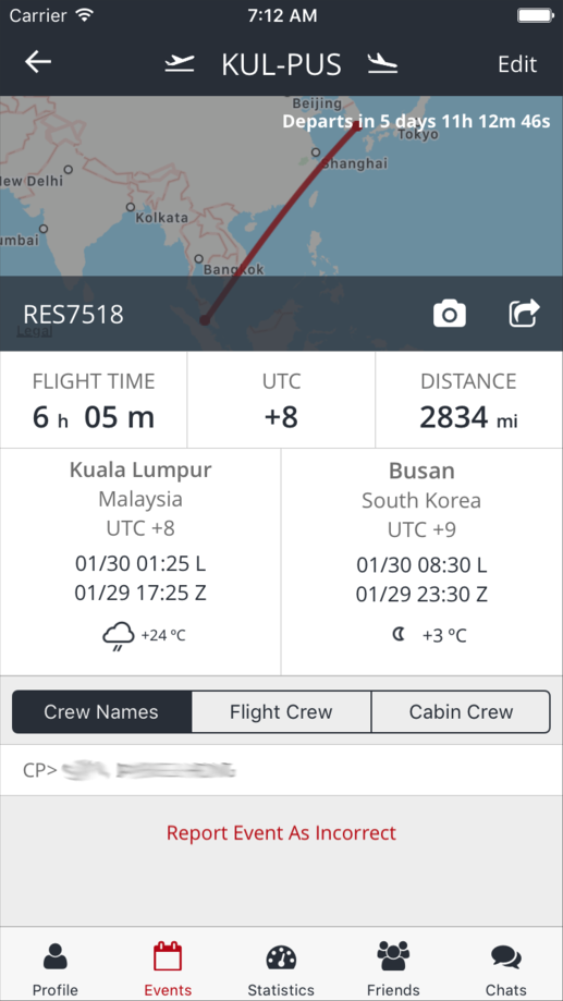 Flight detail with route map, flight time, distance and crew list
