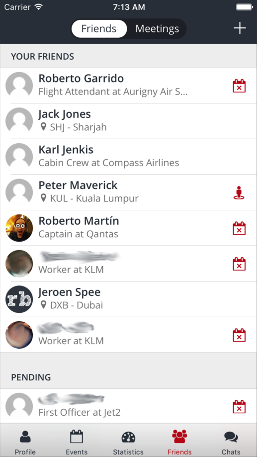 Friends list with each colleague's airline, role and base