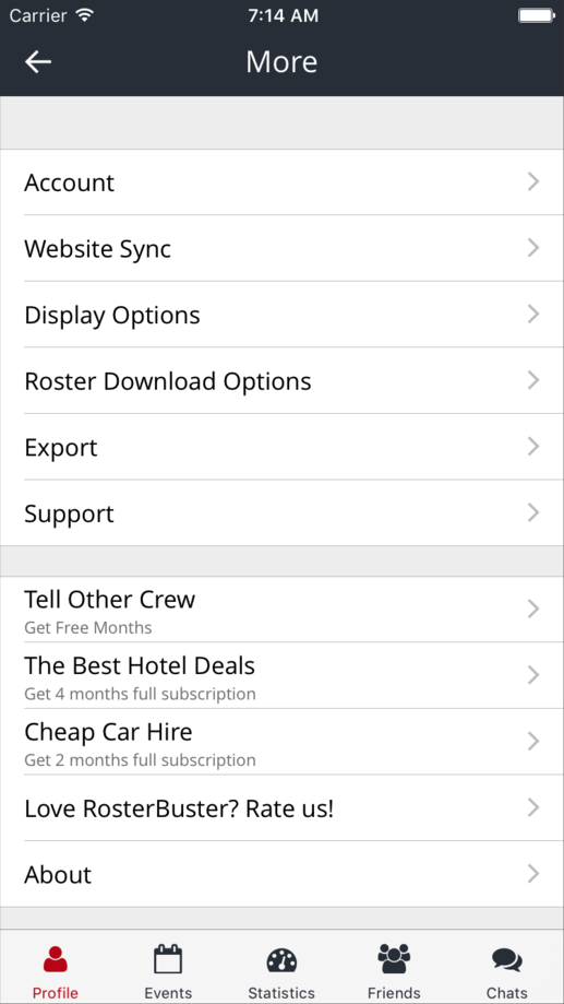 Settings, with roster download, website sync and export options